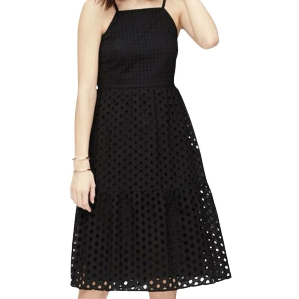 Black Eyelet Tiered Dress 4P Loft Sundress Smocked A-Line Cottage Preppy Casual